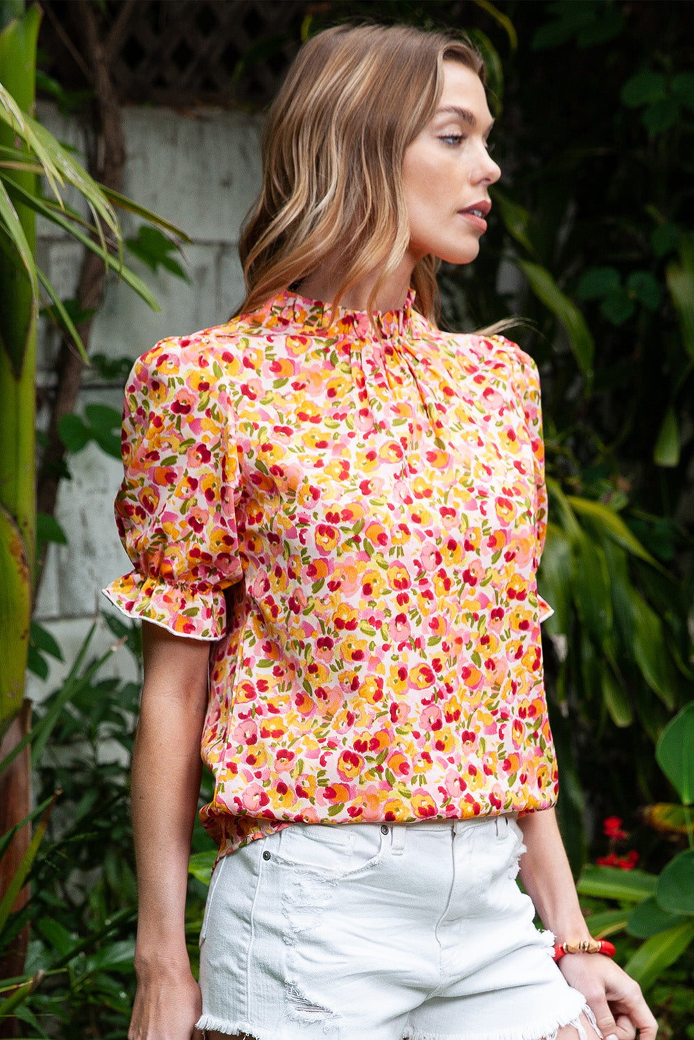 Floral Puff Sleve Keyhole Blouse