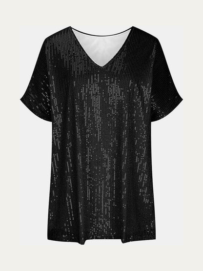 Full Size Sequin V-Neck Short Sleeve Top