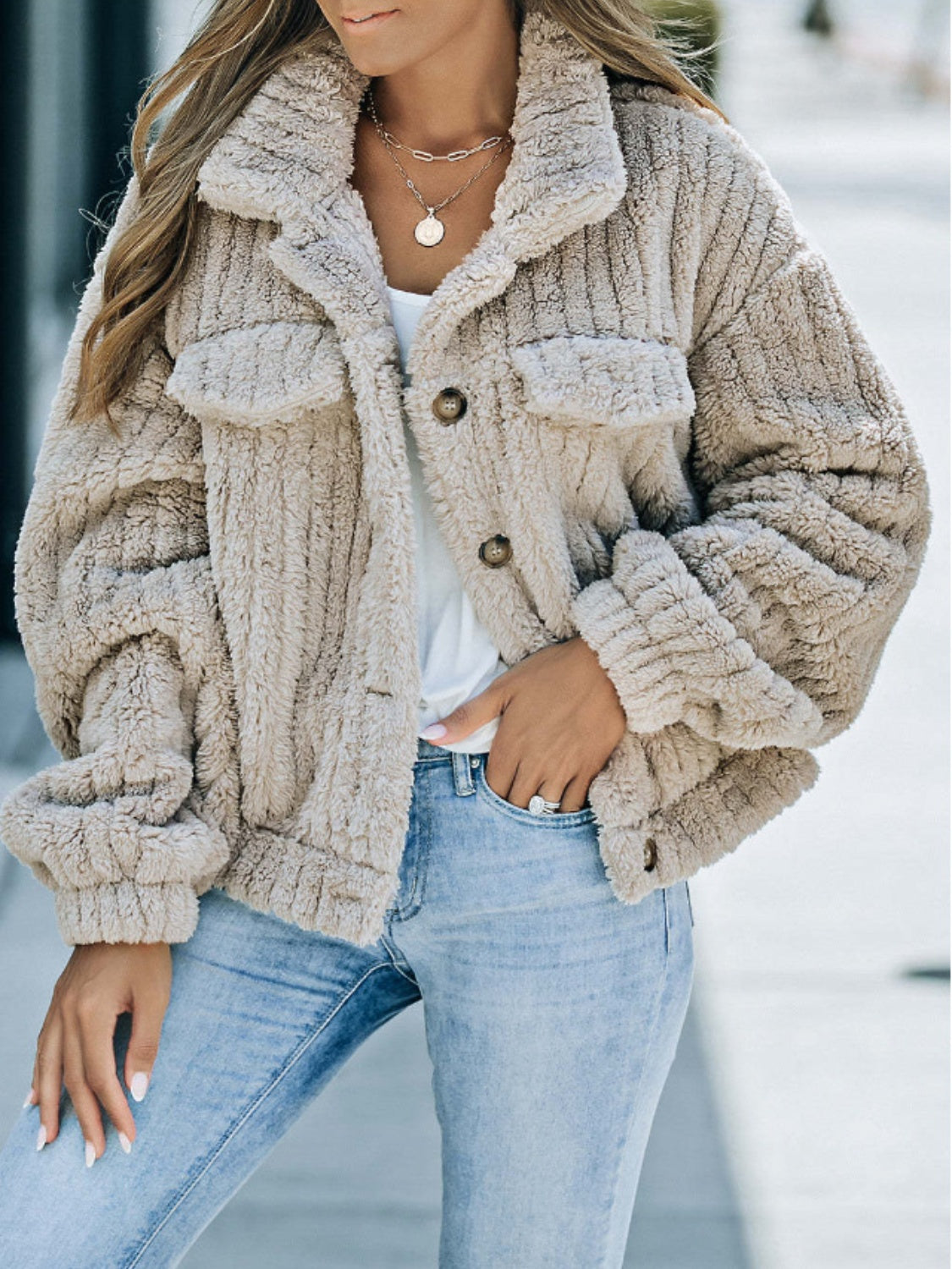 Fuzzy Button Up Collared Neck Jacket