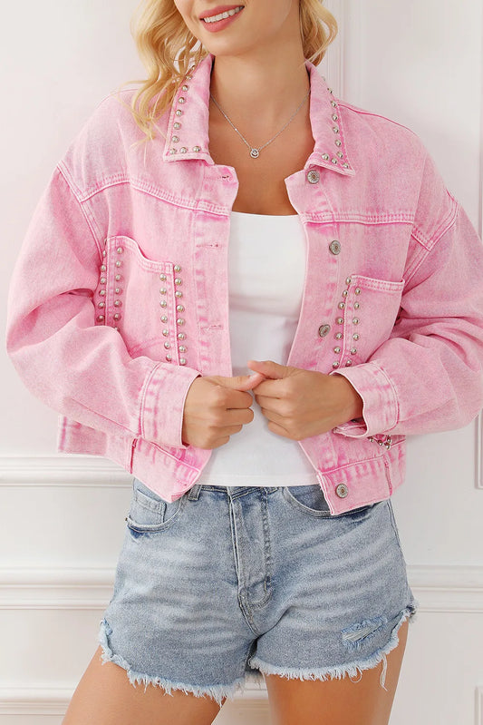 Studded Collared Neck Denim Jacket with Pockets