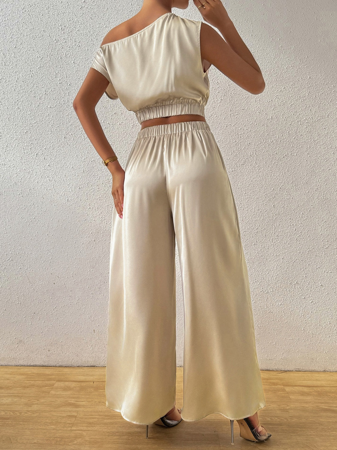 Honey One Shoulder Short Sleeve Top and Wide Leg Pants Set