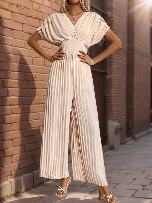 Pleated Short Sleeve Wide Leg Jumpsuit