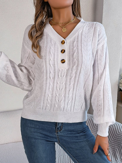 Cable-Knit V-Neck Long Sleeve Sweater