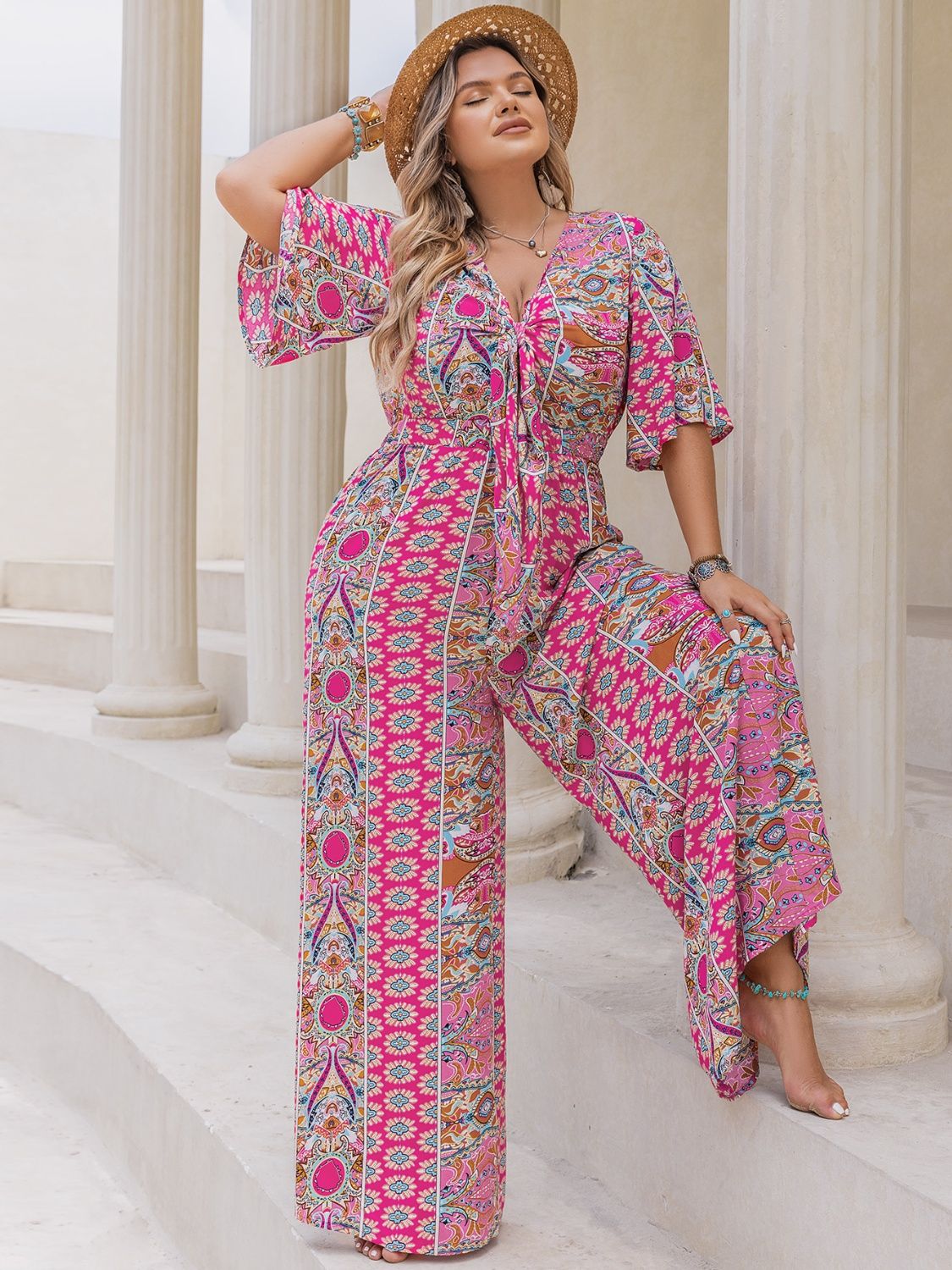 Plus Size Printed Half Sleeve Wide Leg Jumpsuit