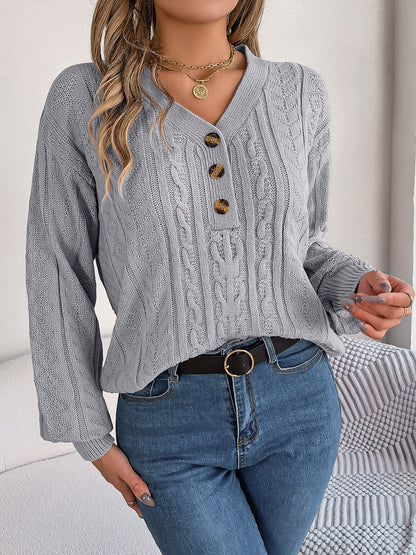 Cable-Knit V-Neck Long Sleeve Sweater