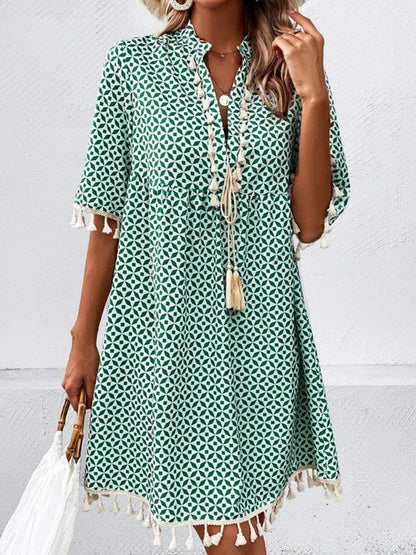 Tassel Printed Notched Half Sleeve Mini Dress