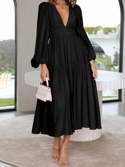 Deep V-Neck Balloon Sleeve Plain Maxi Dress