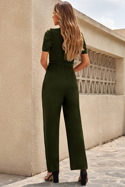 Belted Puff Sleeve V-Neck Wide Leg Jumpsuit