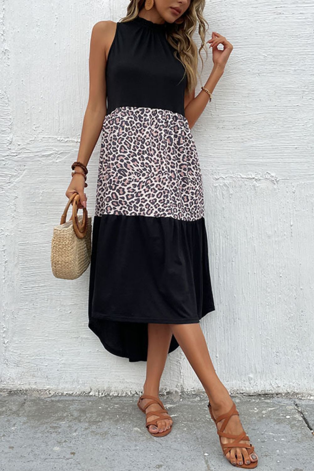 Leopard Contrast Sleeveless Maxi Dress