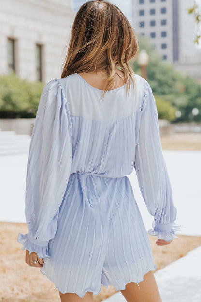 Pleated Button Front Flounce Sleeve Romper