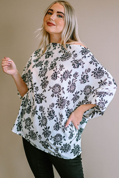 White Opposites Attract Boat Neck Floral Dolman Sleeve Top