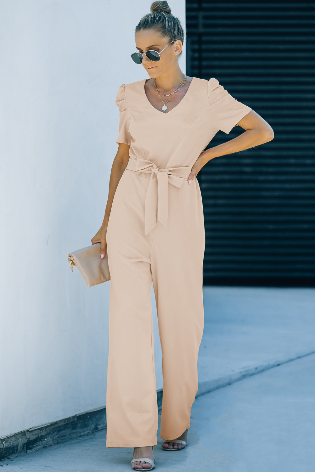 Belted Puff Sleeve V-Neck Wide Leg Jumpsuit