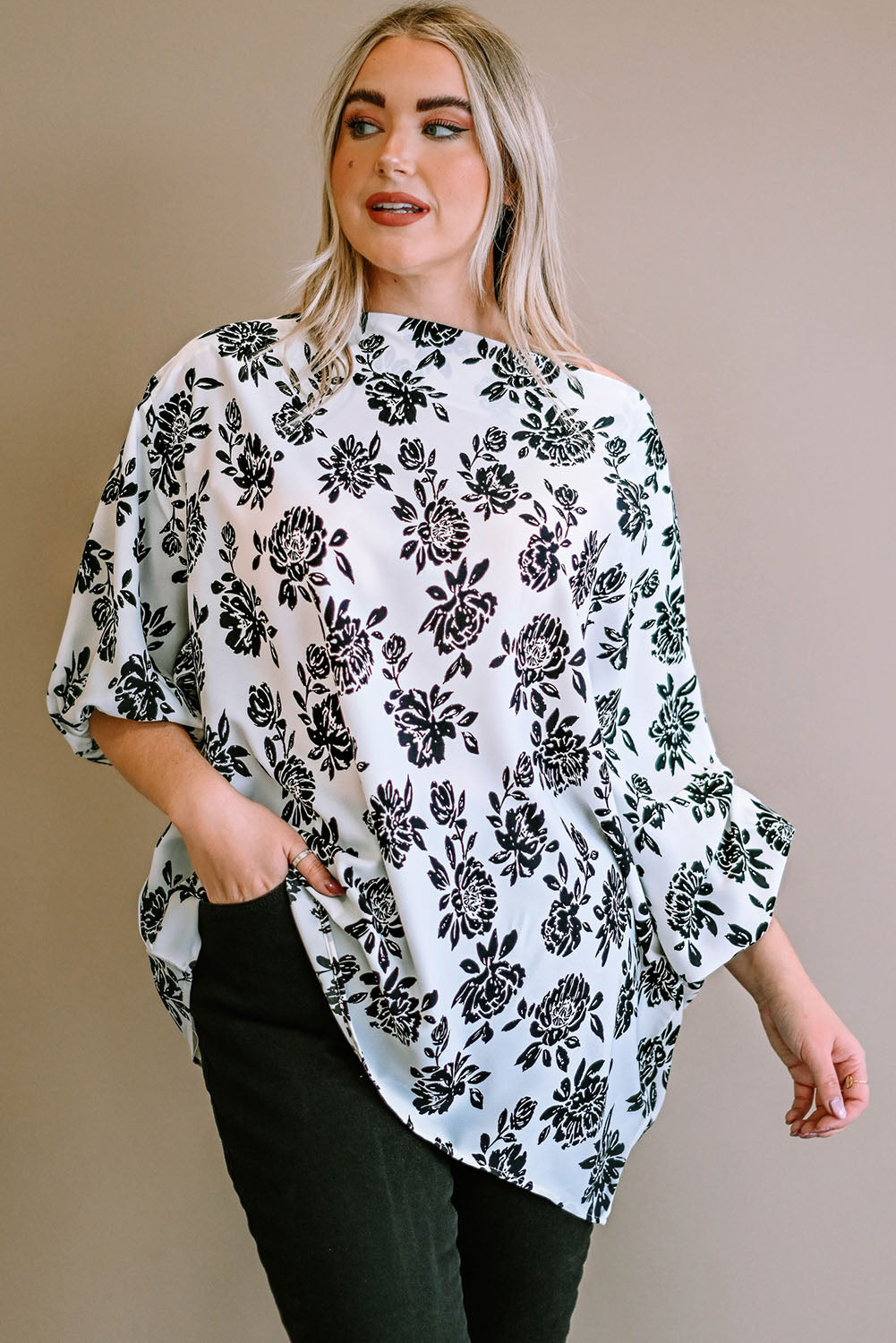 White Opposites Attract Boat Neck Floral Dolman Sleeve Top