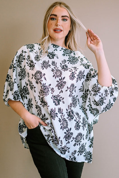 White Opposites Attract Boat Neck Floral Dolman Sleeve Top