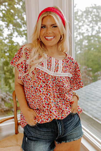 Red Floral Printed Lace Trim Plus Ruffle Sleeve Blouse