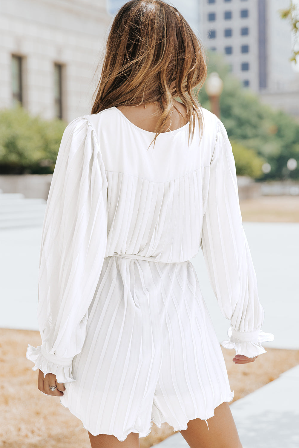 Pleated Button Front Flounce Sleeve Romper