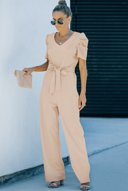 Belted Puff Sleeve V-Neck Wide Leg Jumpsuit