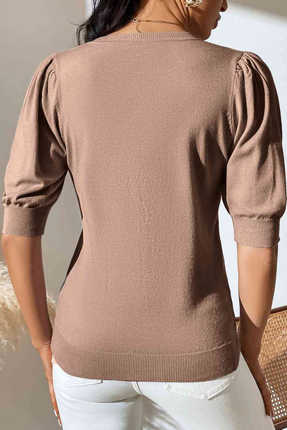 Round Neck Puff Sleeve Knit Top