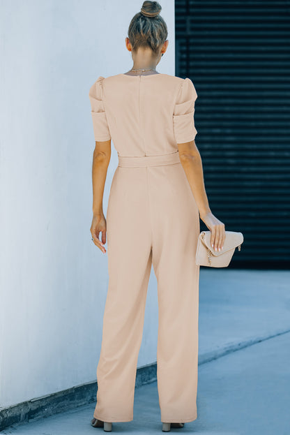 Belted Puff Sleeve V-Neck Wide Leg Jumpsuit