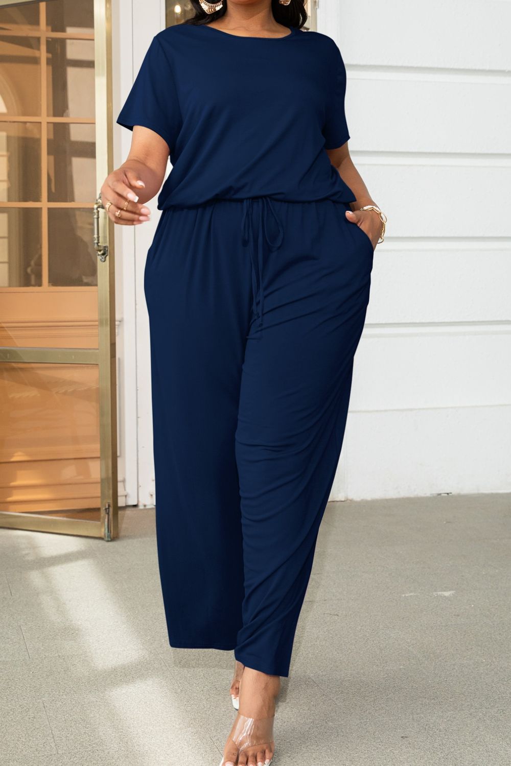 Plus Size Drawstring Waist Short Sleeve Jumpsuit