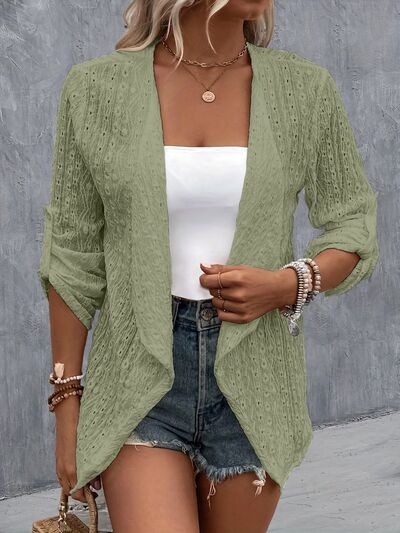 Eyelet Roll-Tab Sleeve Cardigan