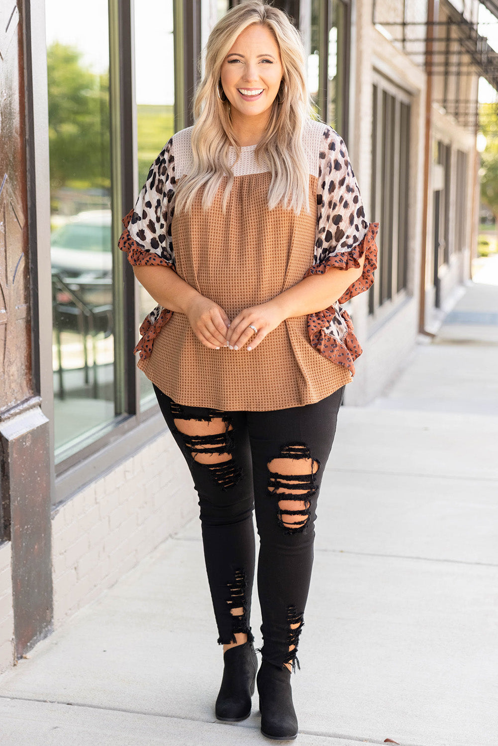 Khaki Waffle Knit Animal Print Ruffle Sleeves Plus Size Top