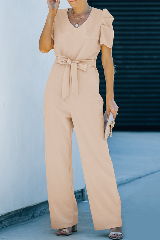 Belted Puff Sleeve V-Neck Wide Leg Jumpsuit