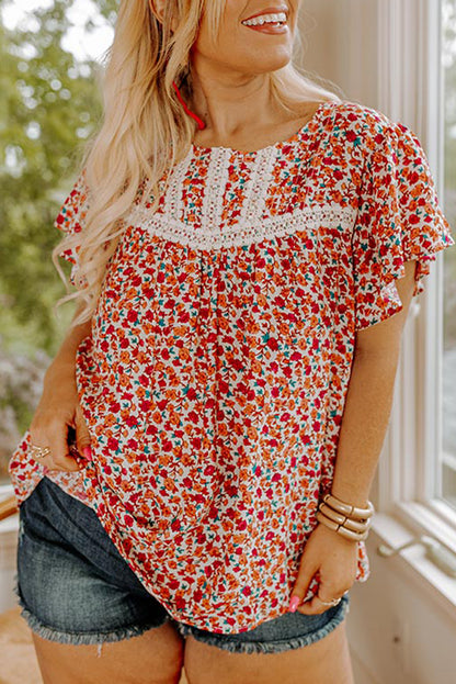 Red Floral Printed Lace Trim Plus Ruffle Sleeve Blouse