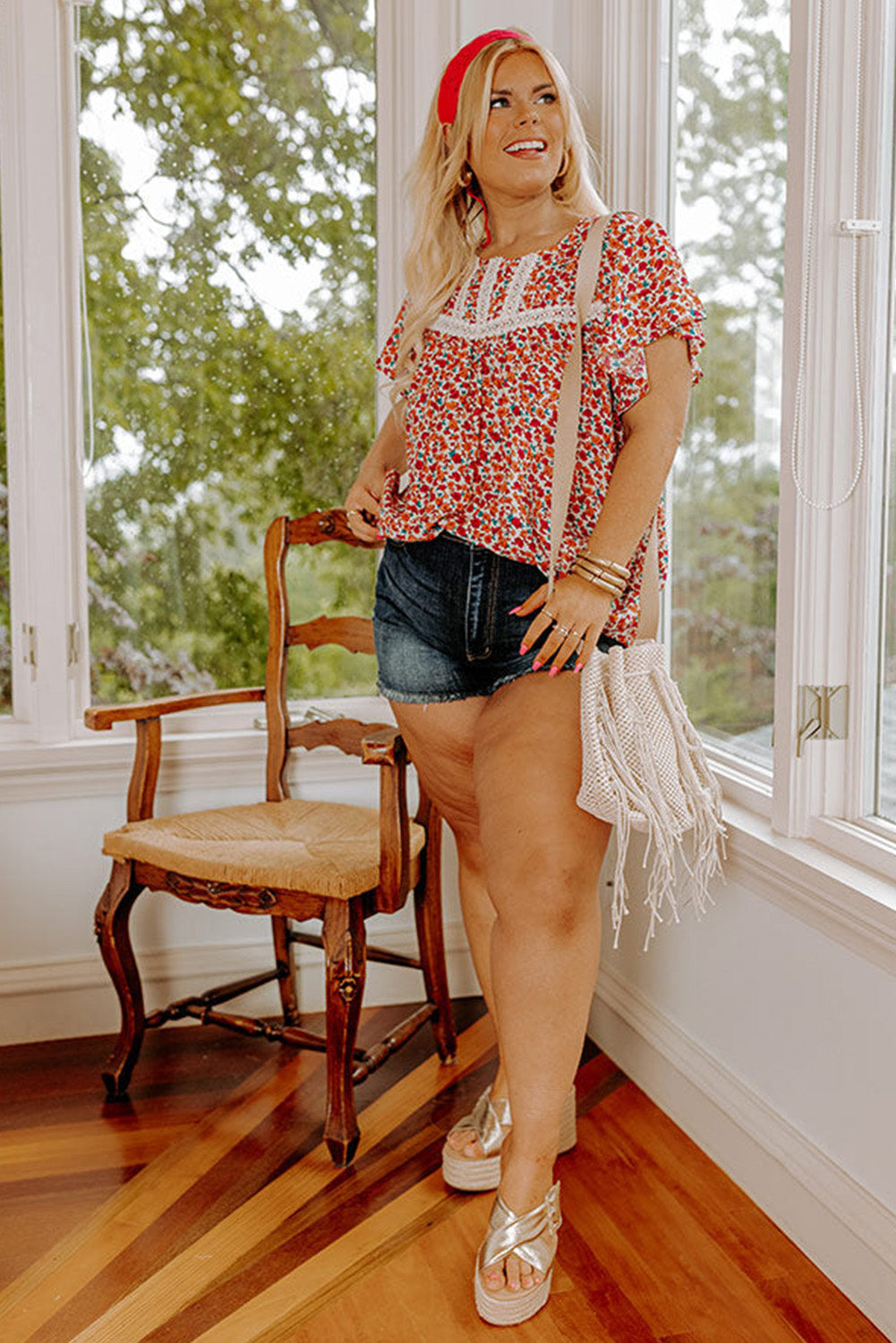 Red Floral Printed Lace Trim Plus Ruffle Sleeve Blouse