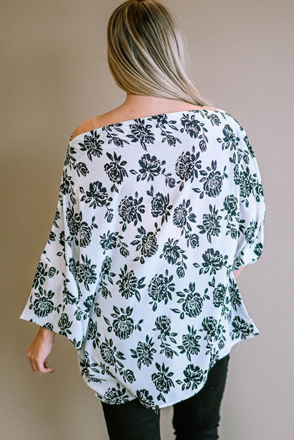 White Opposites Attract Boat Neck Floral Dolman Sleeve Top