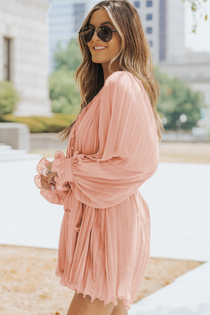 Pleated Button Front Flounce Sleeve Romper