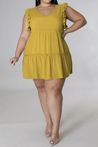 Plus Size V-Neck Frill Trim Mini Dress