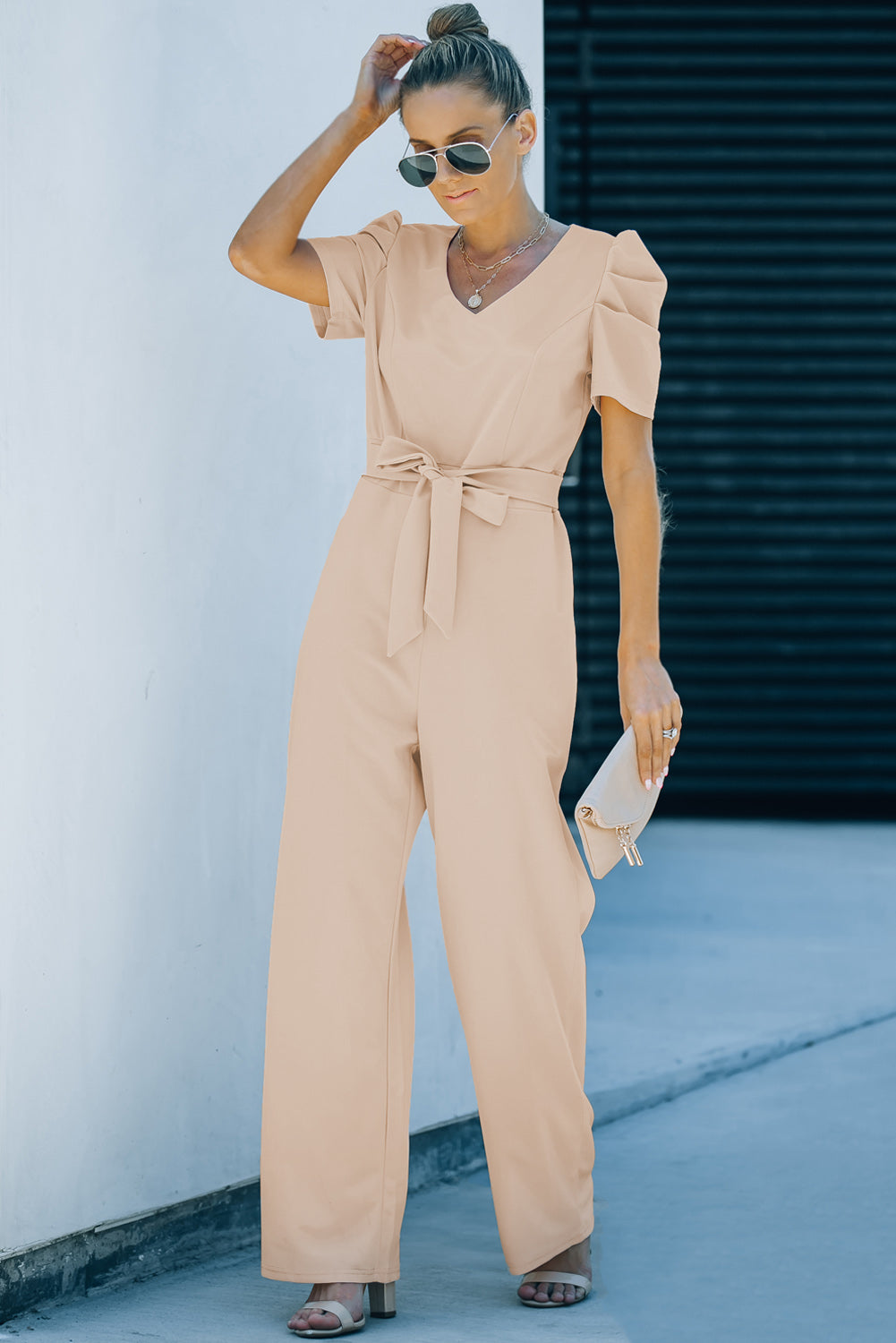 Belted Puff Sleeve V-Neck Wide Leg Jumpsuit