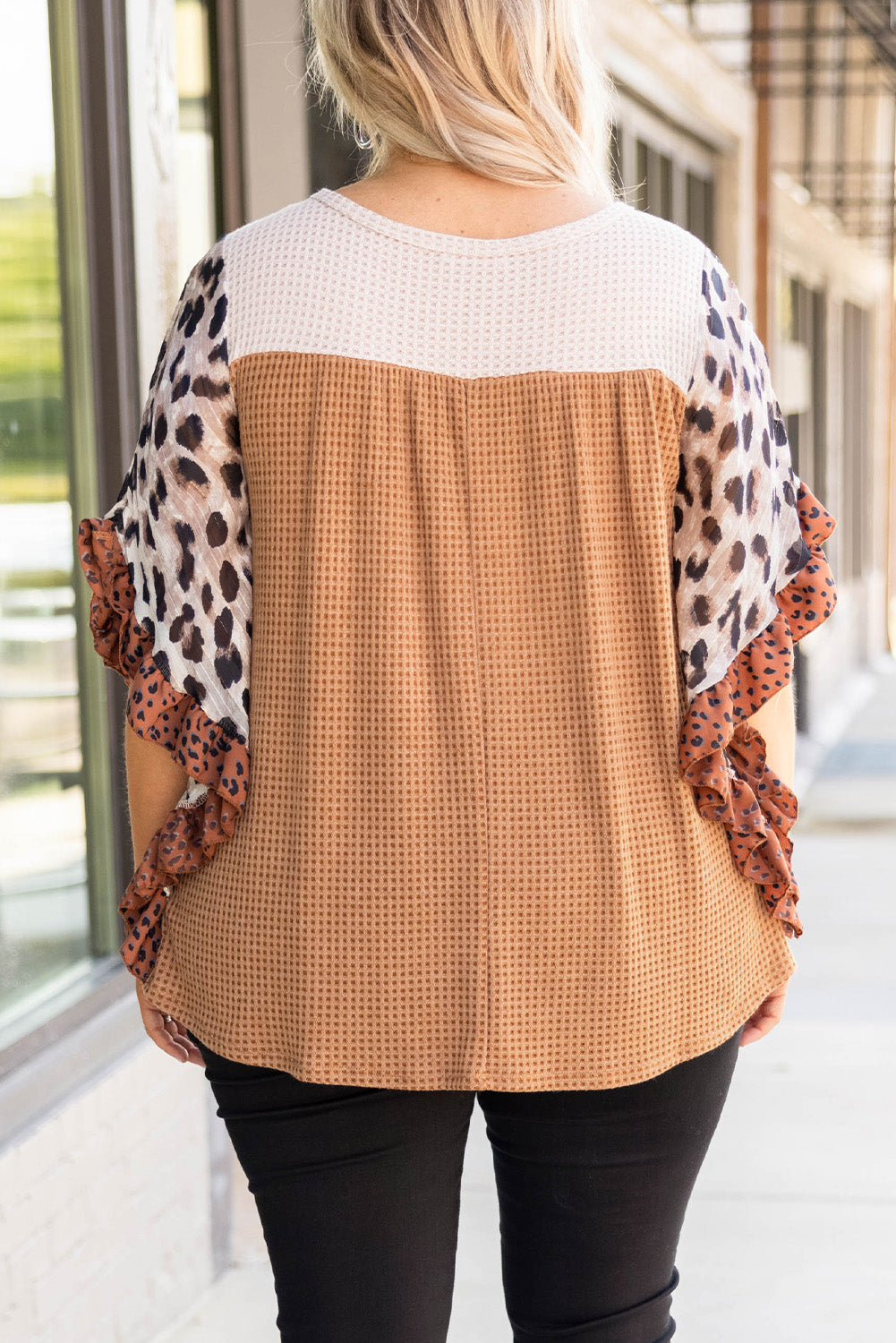 Khaki Waffle Knit Animal Print Ruffle Sleeves Plus Size Top