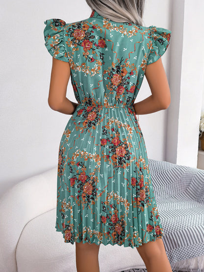 Pleated Floral Printed Tie Neck Knee Length Dress