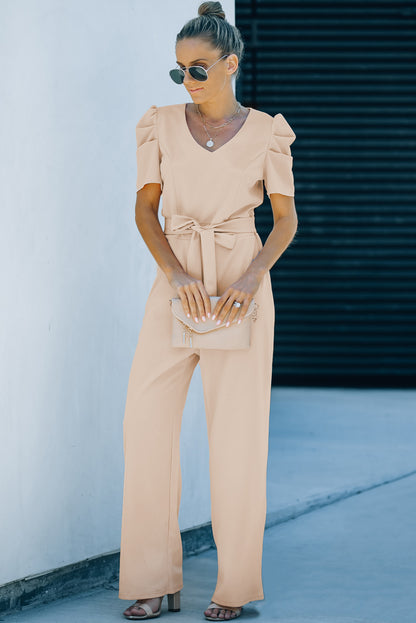 Belted Puff Sleeve V-Neck Wide Leg Jumpsuit