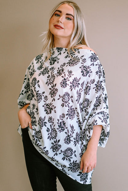 White Opposites Attract Boat Neck Floral Dolman Sleeve Top