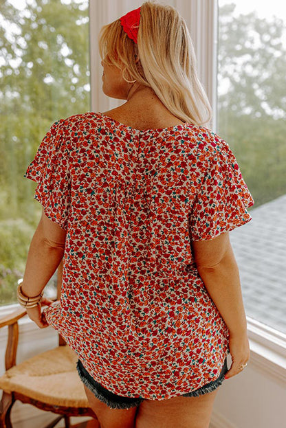 Red Floral Printed Lace Trim Plus Ruffle Sleeve Blouse