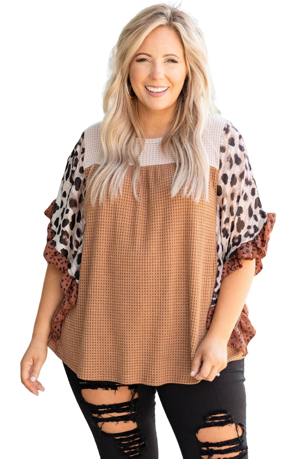 Khaki Waffle Knit Animal Print Ruffle Sleeves Plus Size Top