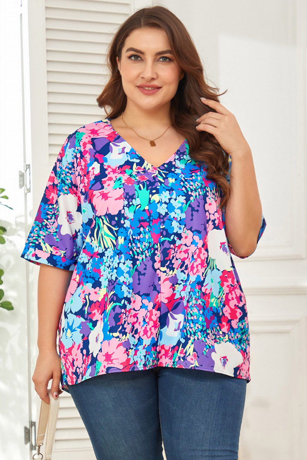 Floral Center Seam V-Neck Blouse