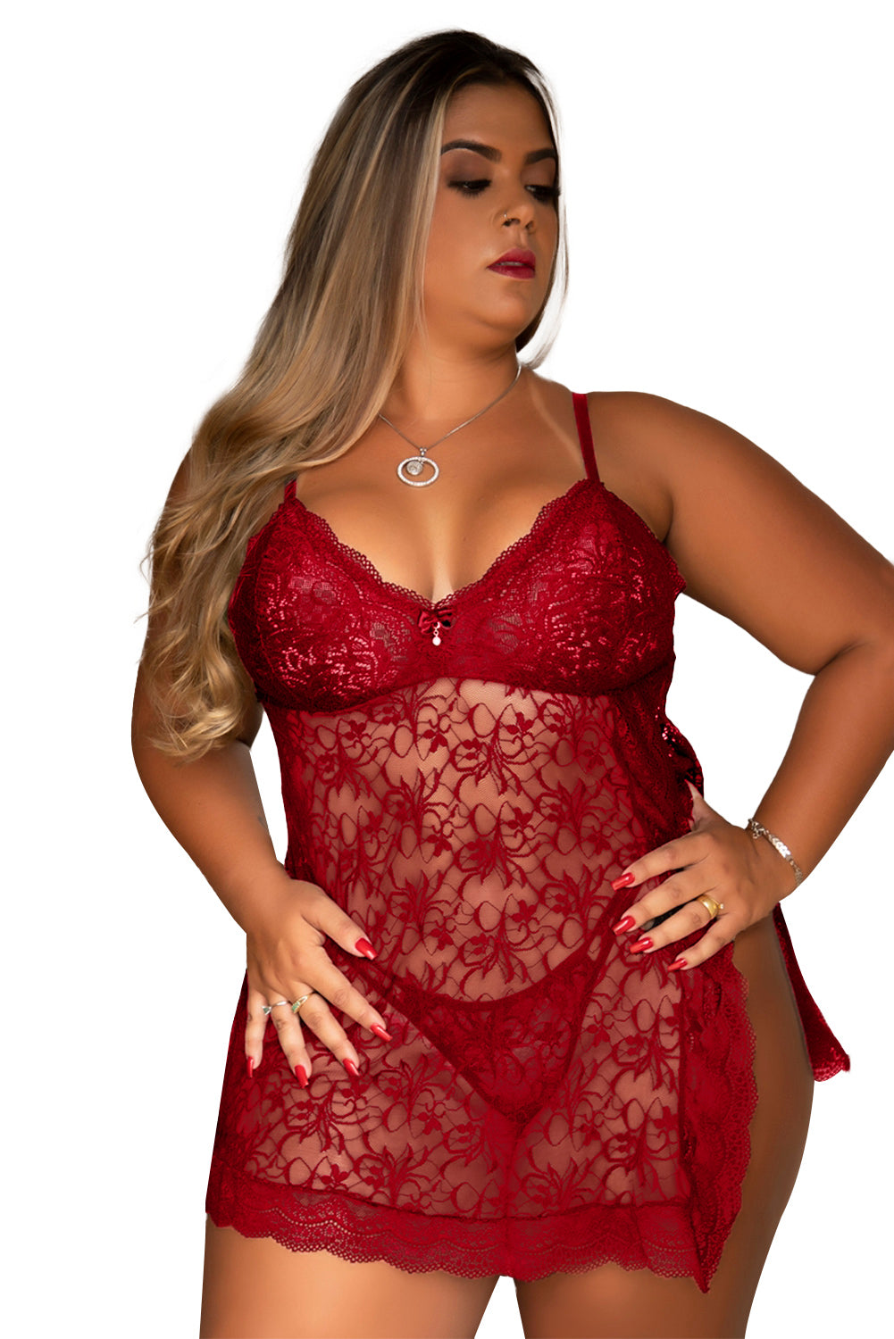 Red Sheer Floral Lace Plus Size Chemise