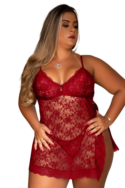 Red Sheer Floral Lace Plus Size Chemise