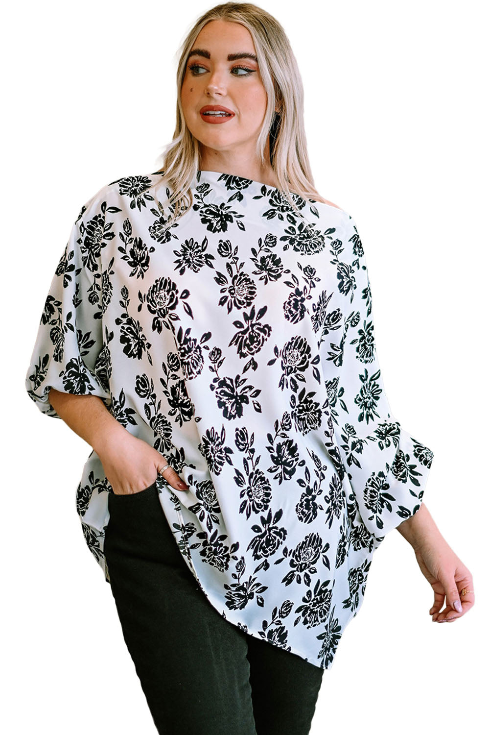 White Opposites Attract Boat Neck Floral Dolman Sleeve Top