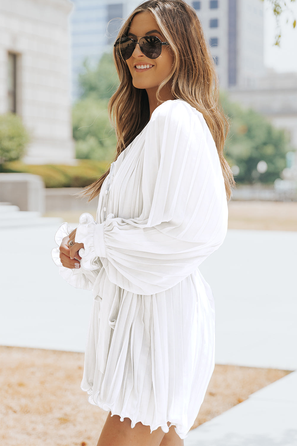 Pleated Button Front Flounce Sleeve Romper