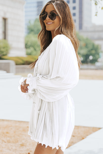 Pleated Button Front Flounce Sleeve Romper