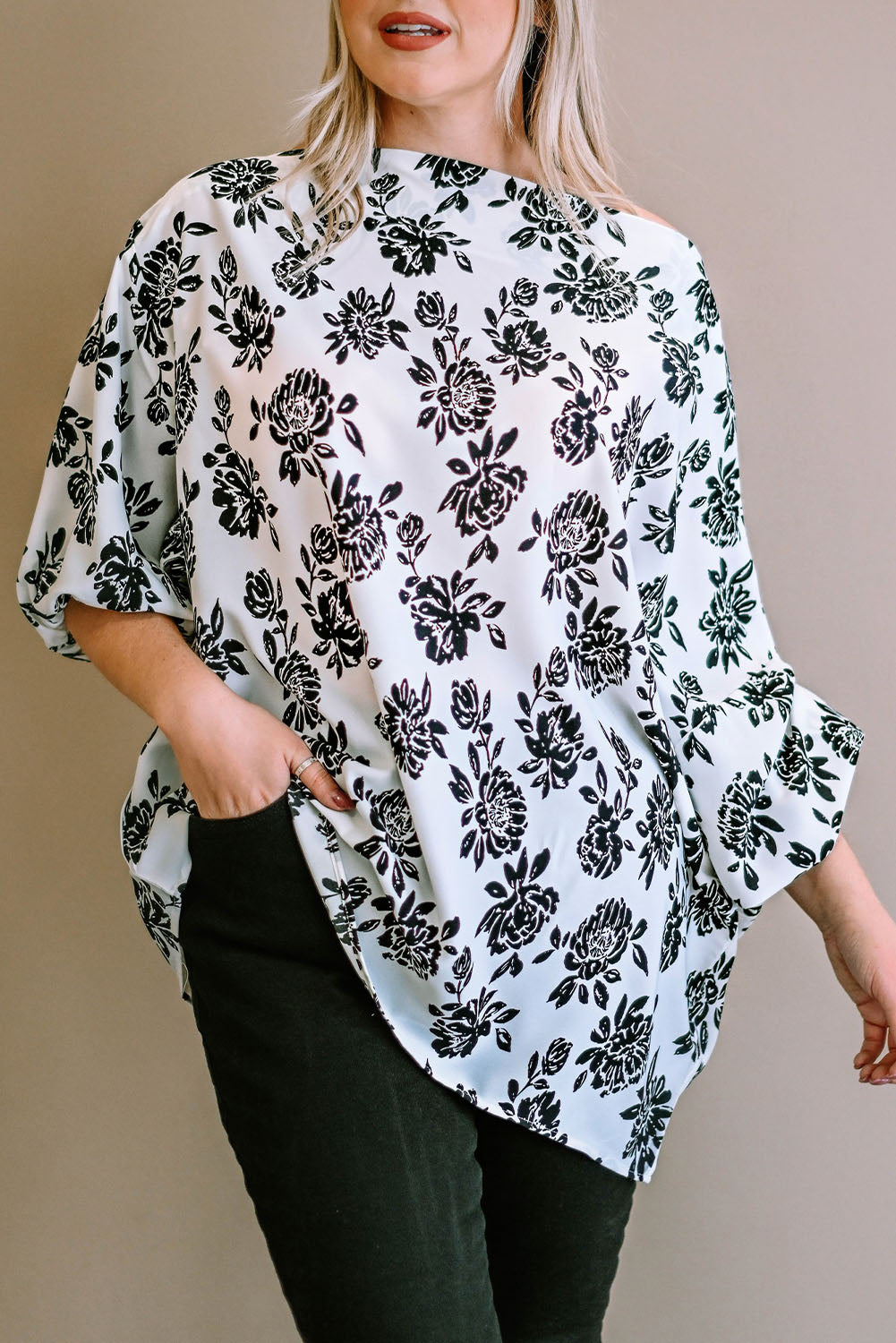 White Opposites Attract Boat Neck Floral Dolman Sleeve Top