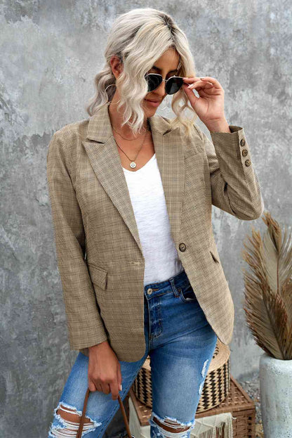 Plaid Lapel Collar Button Cuff Blazer