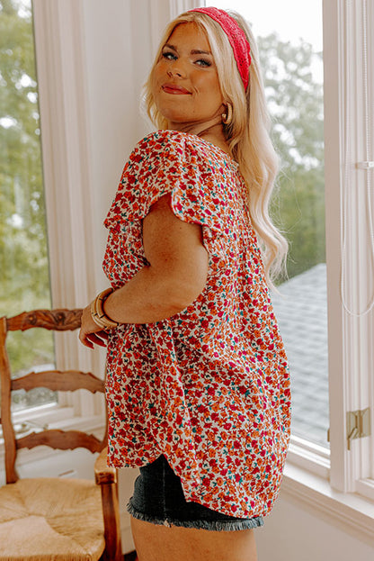 Red Floral Printed Lace Trim Plus Ruffle Sleeve Blouse