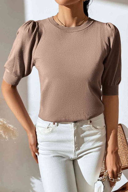 Round Neck Puff Sleeve Knit Top