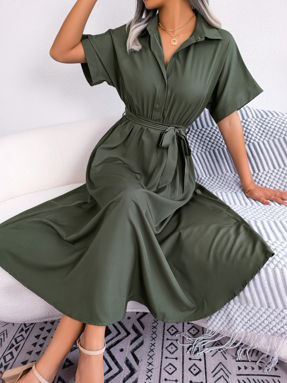 Short Sleeve Collared Tie Belt Dress